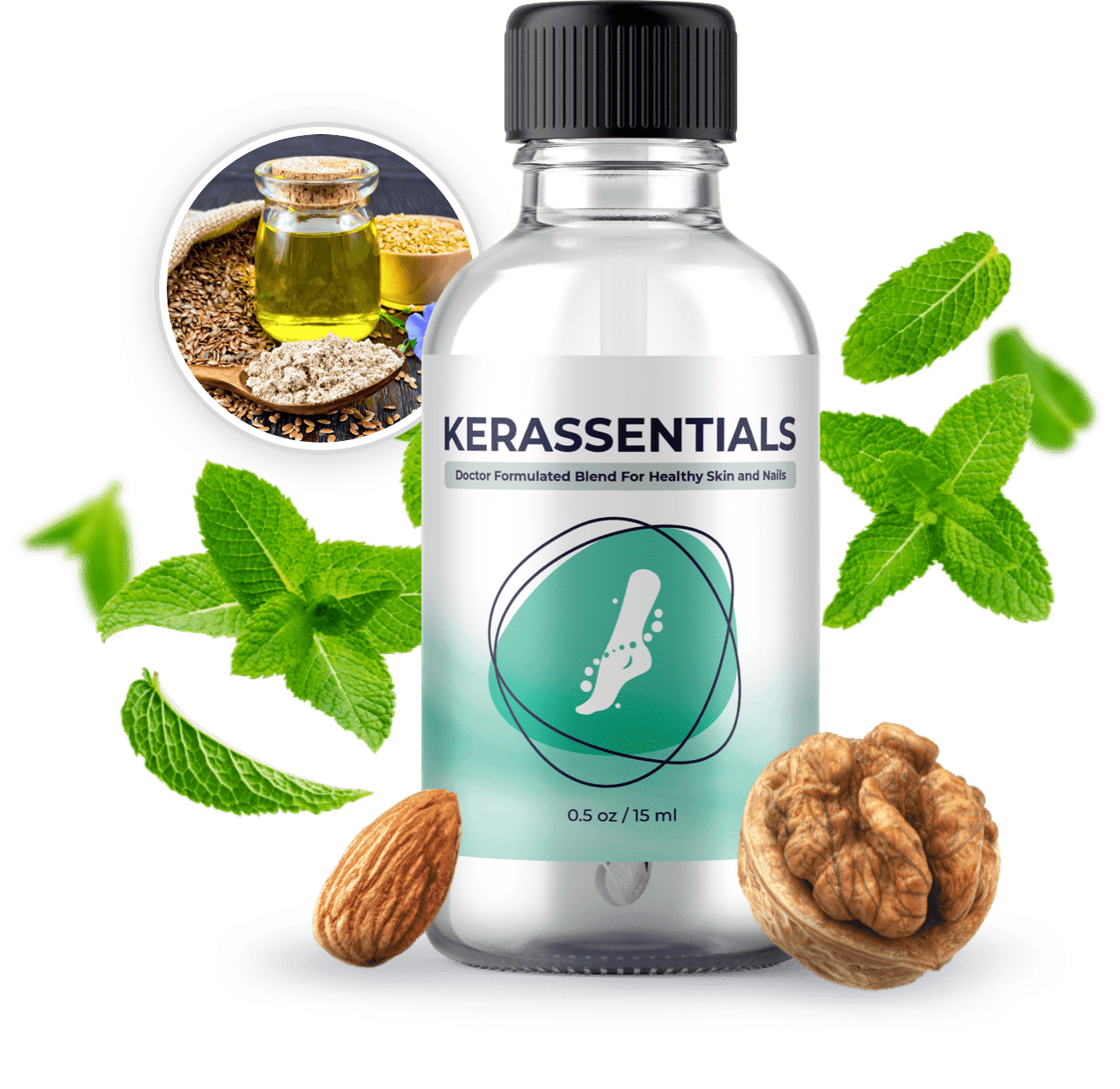 One bottle of Kerassentials nail and skin support oil, doctor-formulated blend, 0.5 oz / 15 ml, with flaxseed, mint, almond and walnut