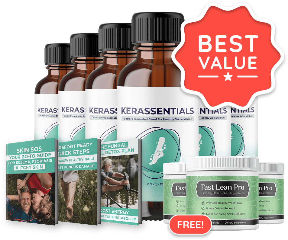 Six bottles of Kerassentials nail and skin support oil — 6-bottle package with 3 free bonus guides