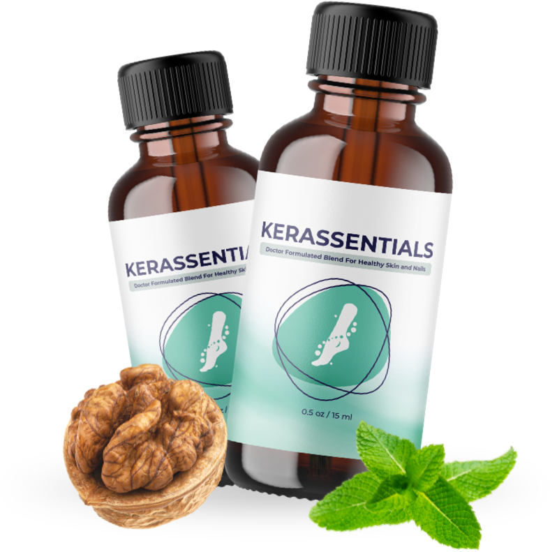 Two bottles of Kerassentials nail and skin oil with walnut and mint